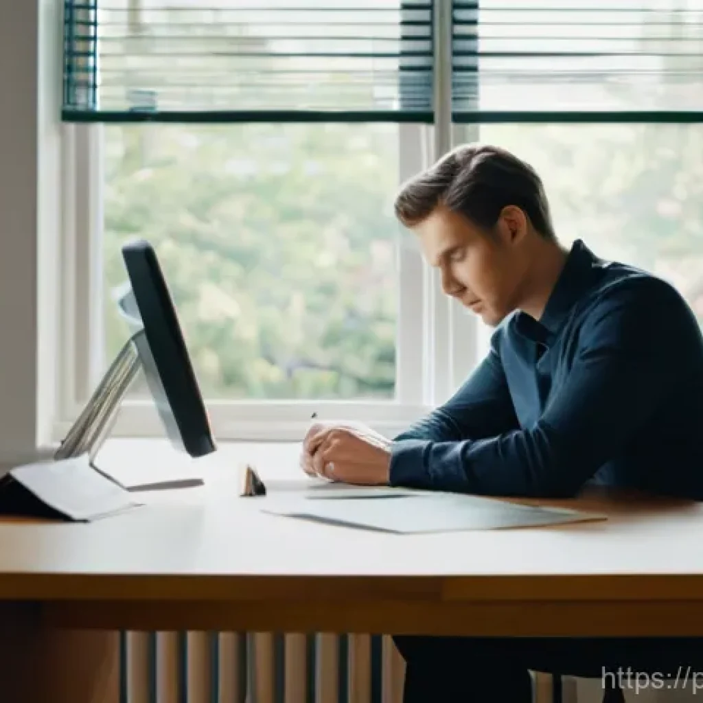 대출 상환 유예 신청 방법 - **Prompt:** An adult figure, gender-neutral, fully clothed in smart-casual attire, sits at a simple,...