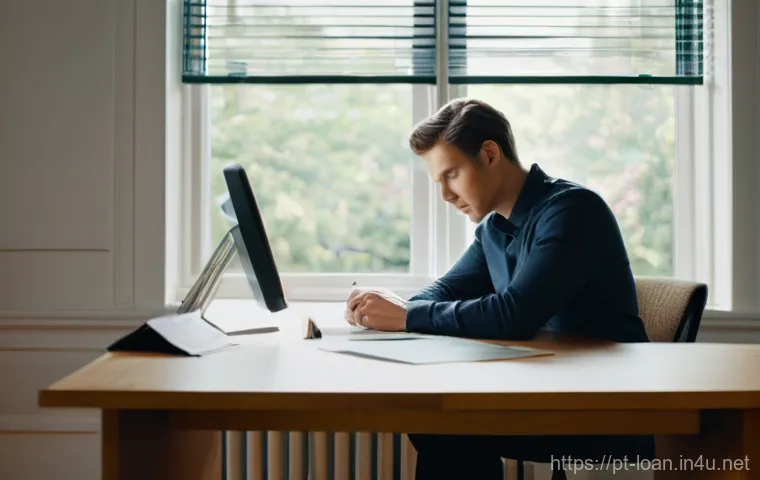 대출 상환 유예 신청 방법 - **Prompt:** An adult figure, gender-neutral, fully clothed in smart-casual attire, sits at a simple,...