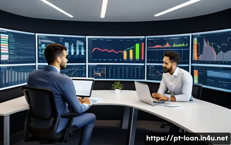 대출 리스크 관리 - A modern Brazilian financial office setting with diverse professionals analyzing detailed credit rep...