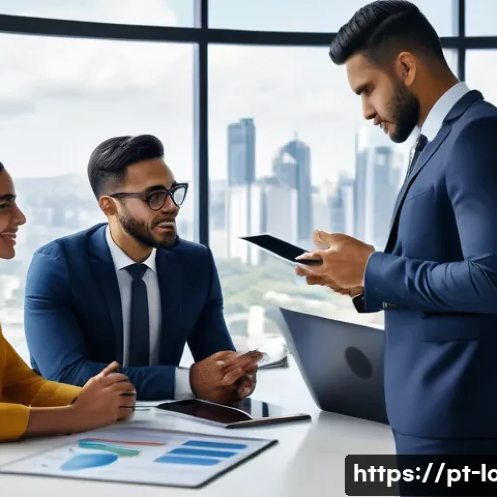 리스와 캐피탈의 차이 - A modern corporate office scene showing a diverse group of Brazilian business professionals discussi...