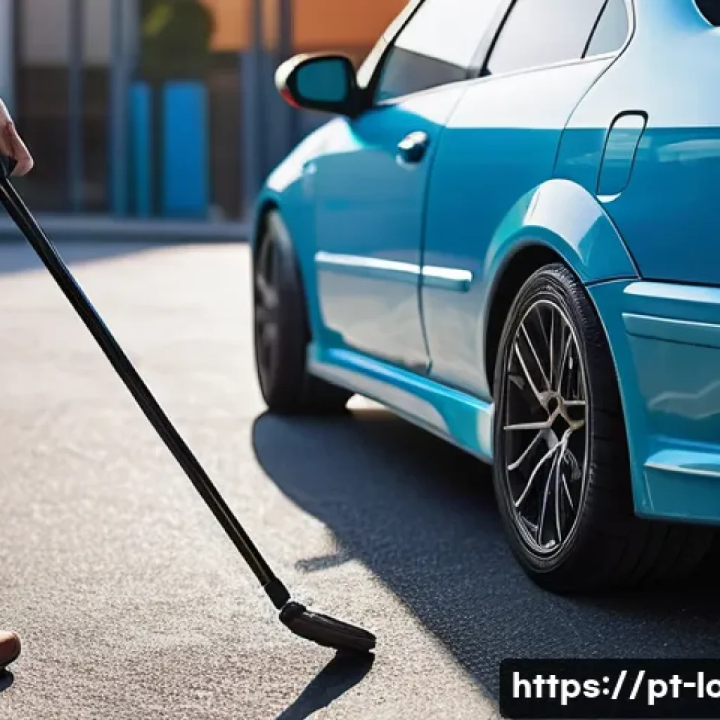 리스 차량 반납 절차 - A high-resolution image of a modern rental car parked in a well-lit urban parking lot, showing a det...