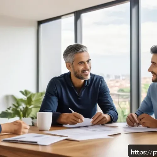 주택담보대출 상환 방식 - A professional Brazilian family sitting at a modern dining table in a bright apartment, engaged in a...