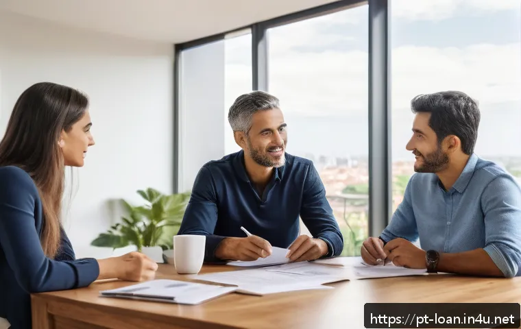 주택담보대출 상환 방식 - A professional Brazilian family sitting at a modern dining table in a bright apartment, engaged in a...