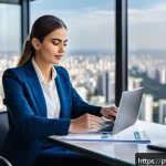 자동차 리스와 렌트 비교 사례 - A modern, sleek office scene showing a young professional woman reviewing a leasing contract for a n...