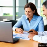 리스 차량 보험료 절약법 - A professional office setting with a Brazilian financial advisor explaining leasing insurance option...